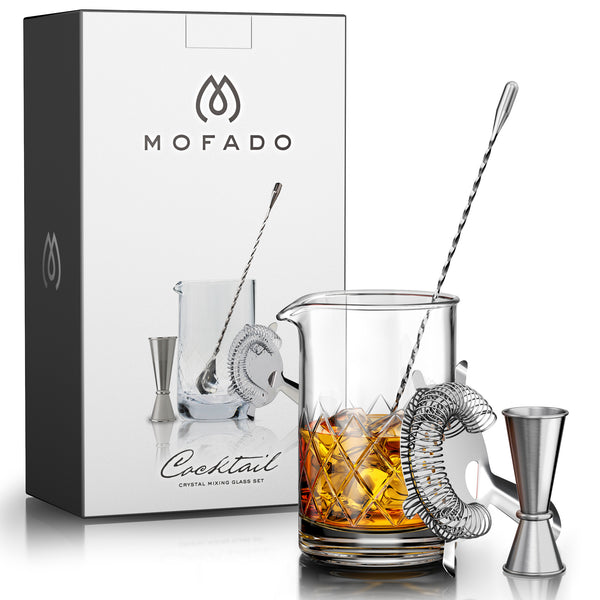 MOFADO Crystal Cocktail Mixing Glass Set - 4 Piece - 18oz 550ml Thick Bottom Lead Free Crystal Mixing Glass, Spoon, Jigger, Strainer