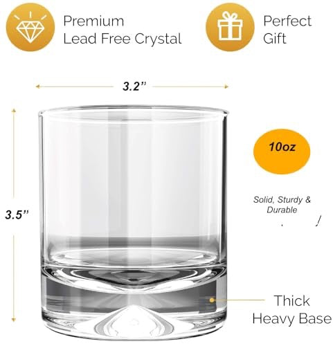 MOFADO Crystal Whiskey Glasses - Classic - 10oz (Set of 4) - Lead Free Hand Blown Crystal - Thick Weighted Bottom Rocks Glasses